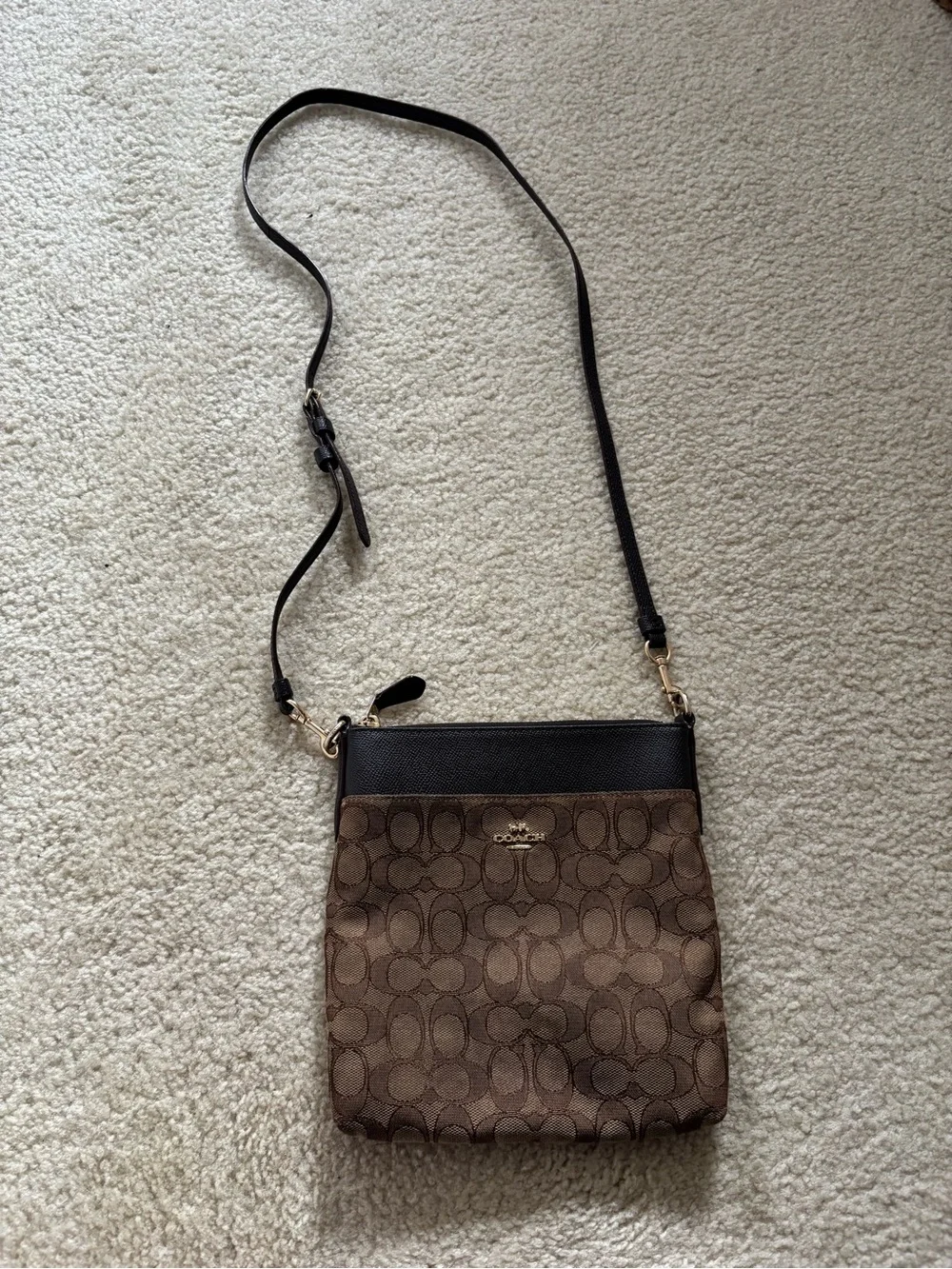 Coach Brown Signature Crossbody with Black Leather Trim